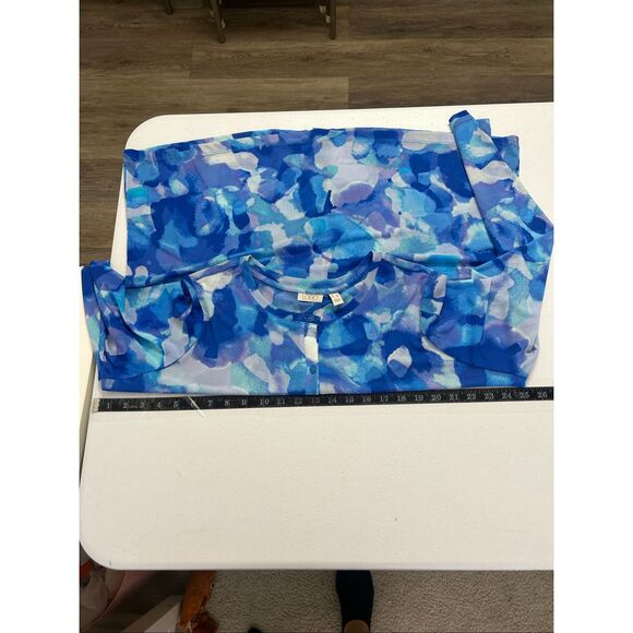 LOGO by Lori Goldstein Women’s Top 1X Blue Sheer Button Front Blouse Long Sleeve - Picture 10 of 12